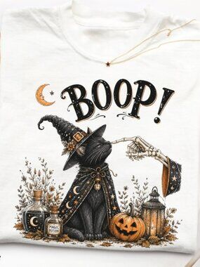 Witch Cat Skeleton Boop T-shirt, Halloween Pumpkin Witchy Graphic Tee